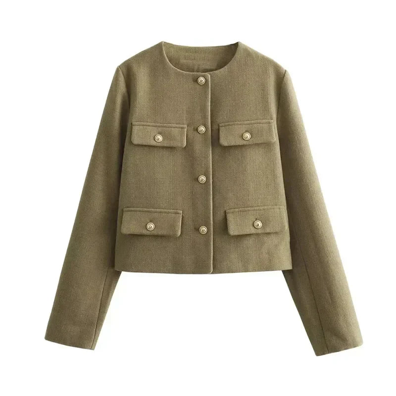 Women's cropped bomber jacket with button front and long sleeves
