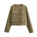 Women's cropped bomber jacket with button front and long sleeves
