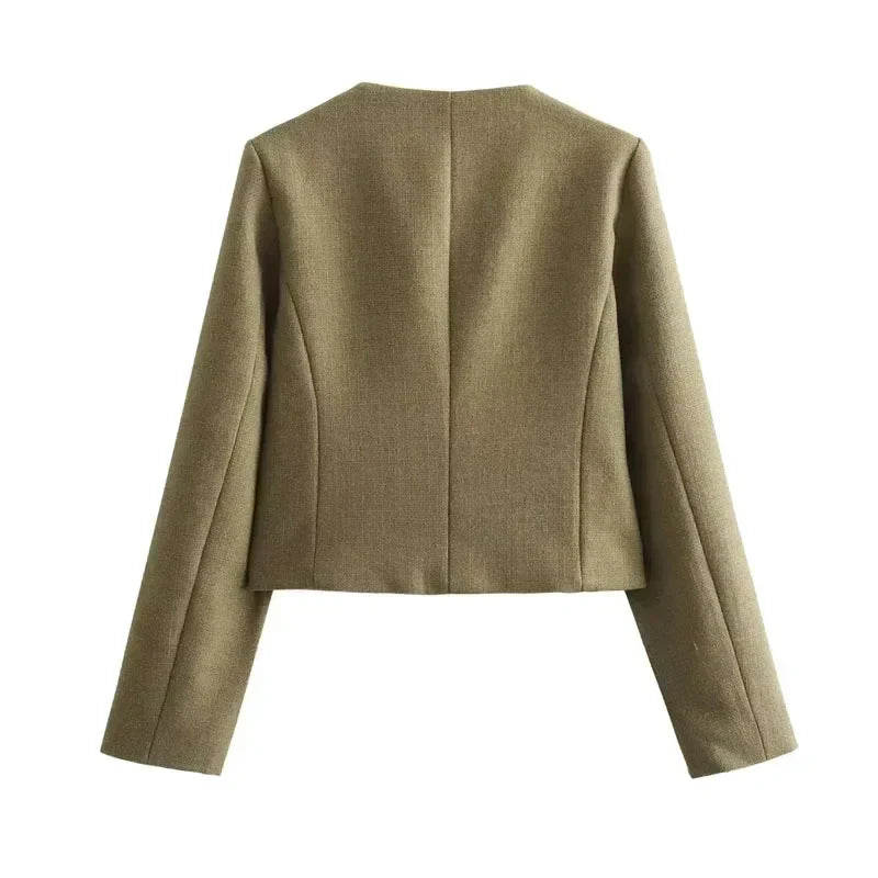Women's cropped bomber jacket with button front and long sleeves
