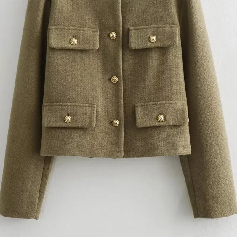 Women's cropped bomber jacket with button front and long sleeves