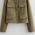Women's cropped bomber jacket with button front and long sleeves