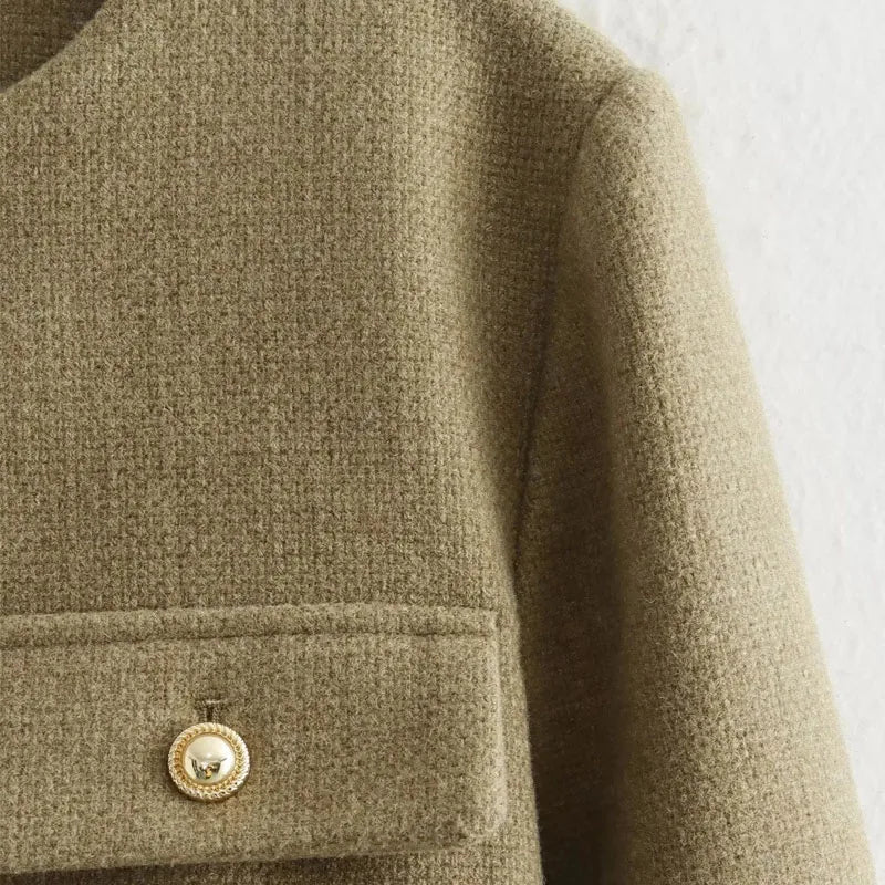 Women's cropped bomber jacket with button front and long sleeves