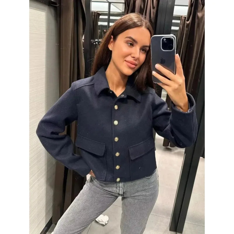 Women's Cropped Bomber Jacket with Button-Up Front and Rib Trim