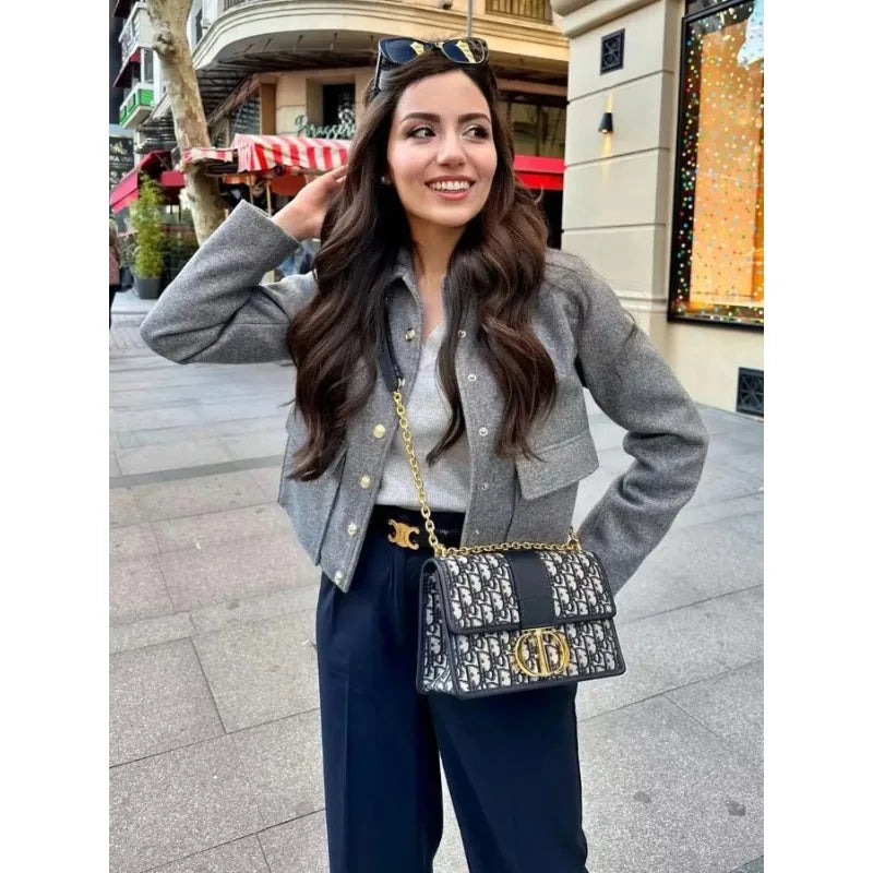 Women's Cropped Bomber Jacket with Button-Up Front and Rib Trim