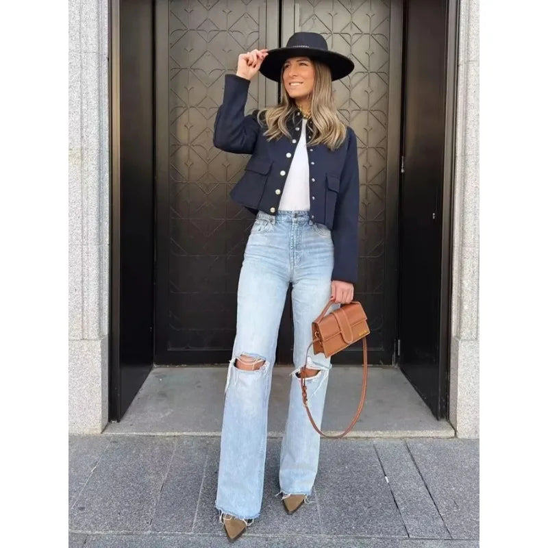 Women's Cropped Bomber Jacket with Button-Up Front and Rib Trim