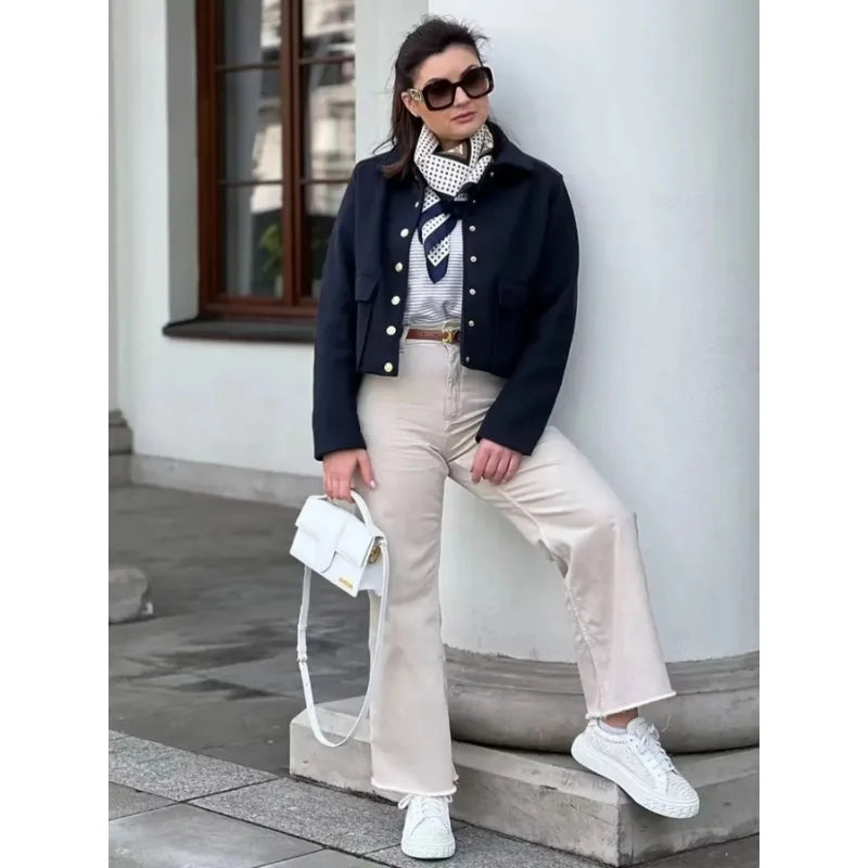 Women's Cropped Bomber Jacket with Button-Up Front and Rib Trim