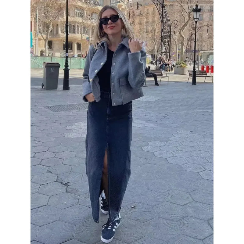 Women's Cropped Bomber Jacket with Button-Up Front and Rib Trim