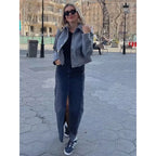 Women's Cropped Bomber Jacket with Button-Up Front and Rib Trim