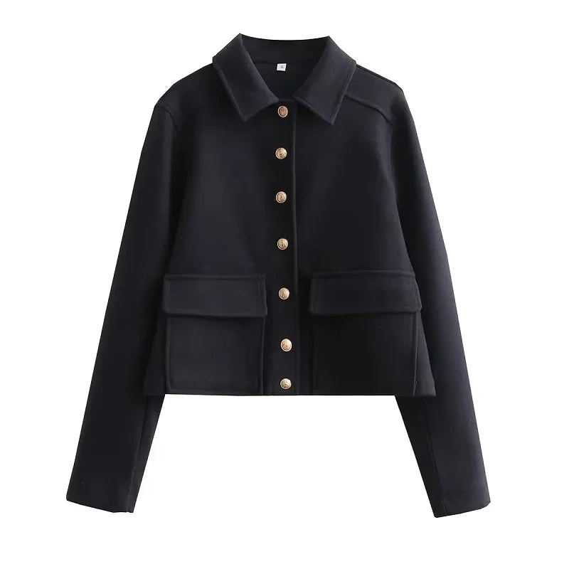 Women's Cropped Bomber Jacket with Button-Up Front and Rib Trim