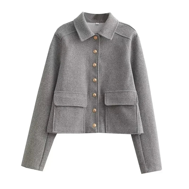 Women's Cropped Bomber Jacket with Button-Up Front and Rib Trim