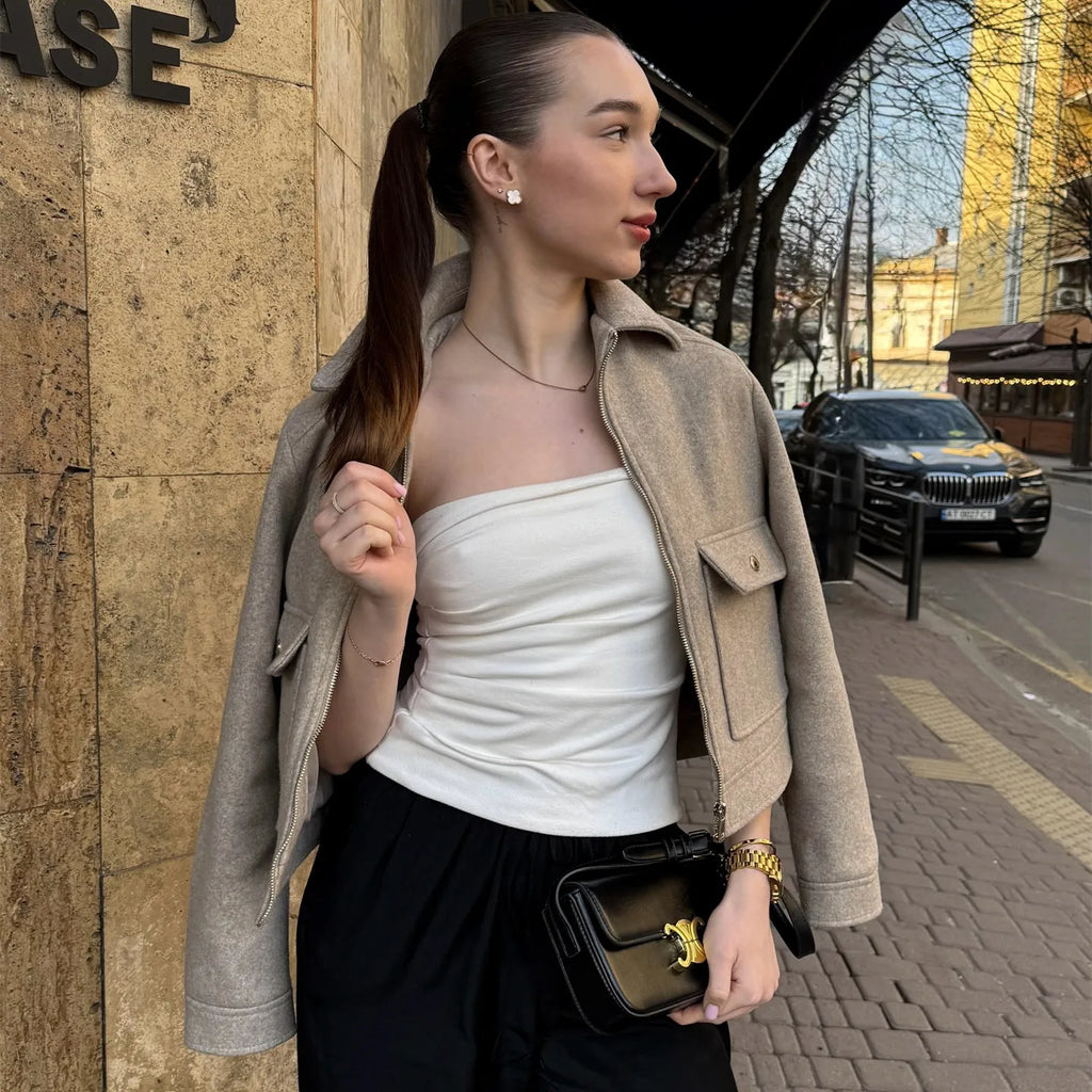 Women's cropped bomber jacket with zip front and long sleeves