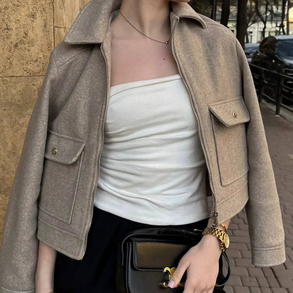 Women's cropped bomber jacket with zip front and long sleeves