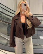 Women's cropped double-breasted trench coat with lapel collar