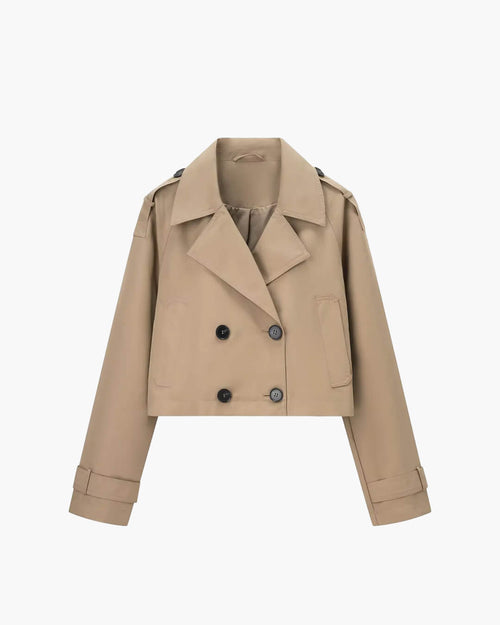 Women's cropped double-breasted trench coat with lapel collar