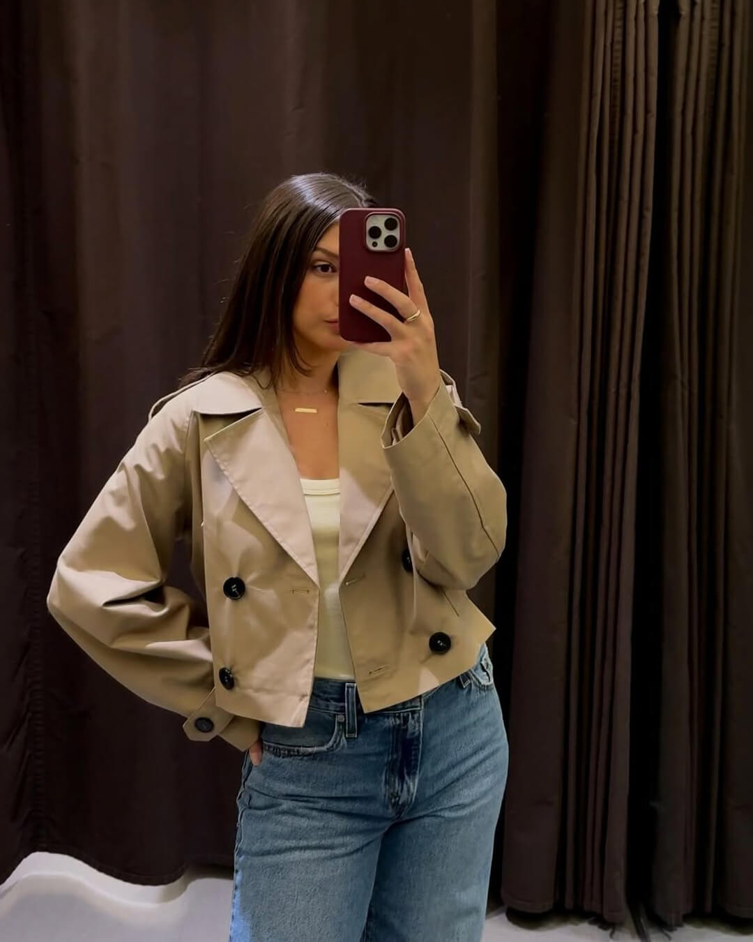 Women's cropped double-breasted trench coat with lapel collar