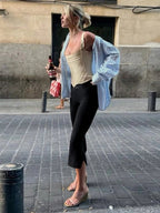 Women's cropped flare capri pants with button waist