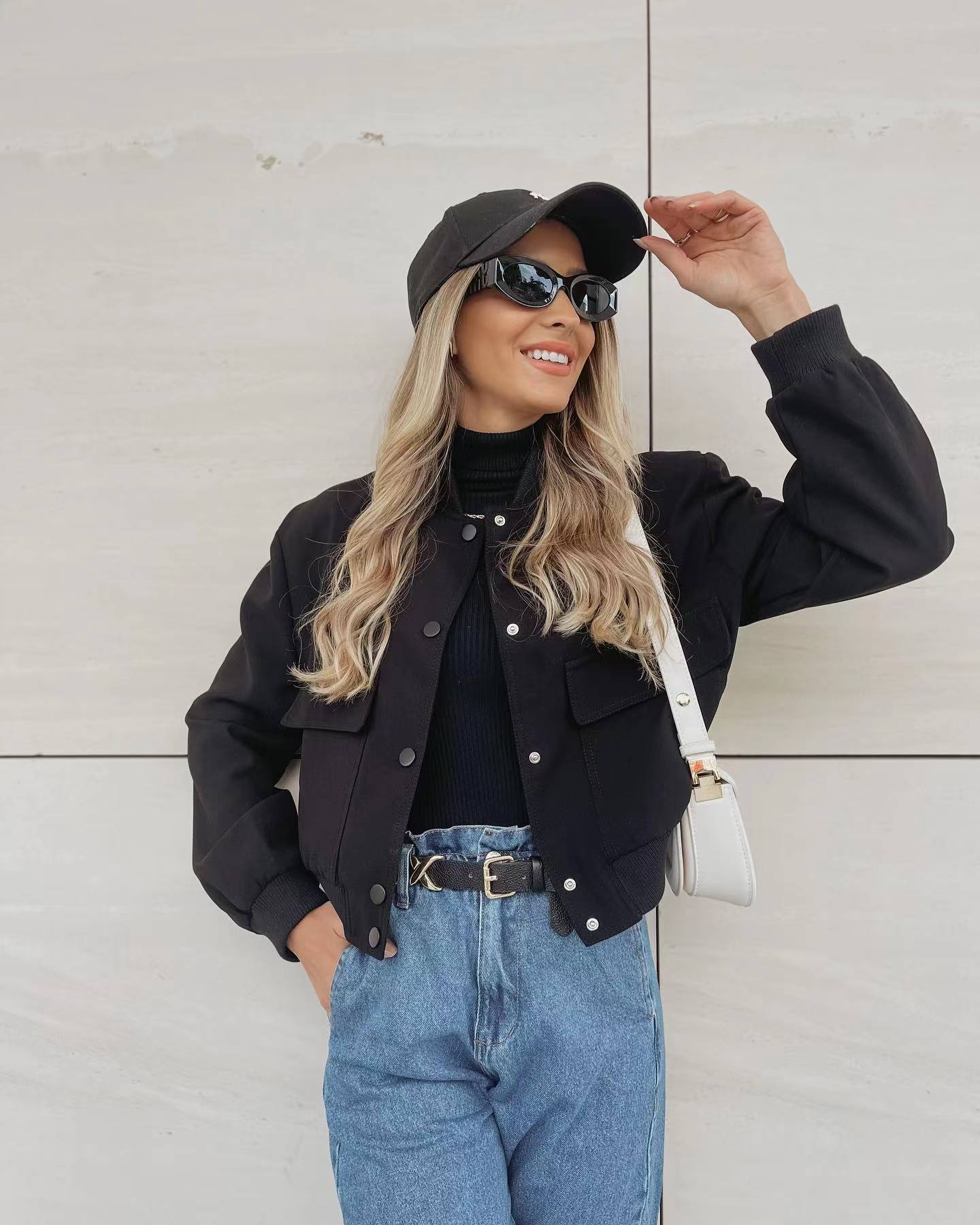 Women's cropped snap-button bomber jacket