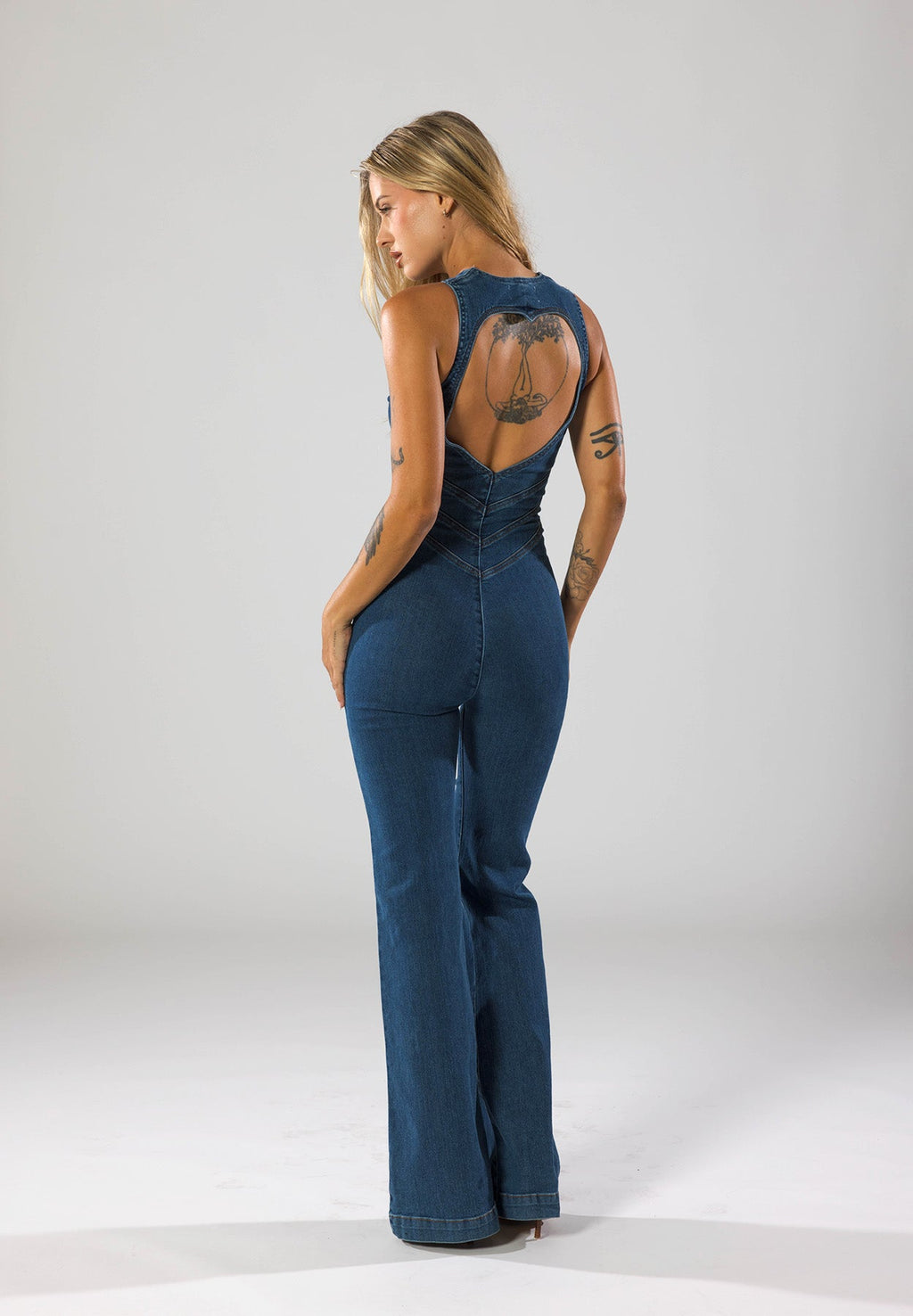 Women's deep V-neck denim flare-leg jumpsuit