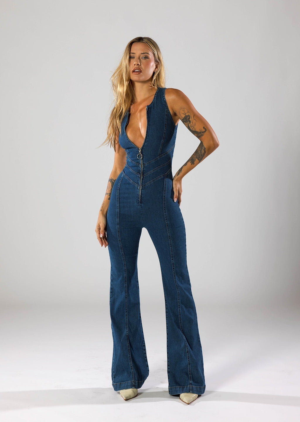 Women's deep V-neck denim flare-leg jumpsuit
