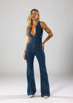 Women's deep V-neck denim flare-leg jumpsuit