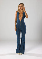 Women's deep V-neck denim flare-leg jumpsuit