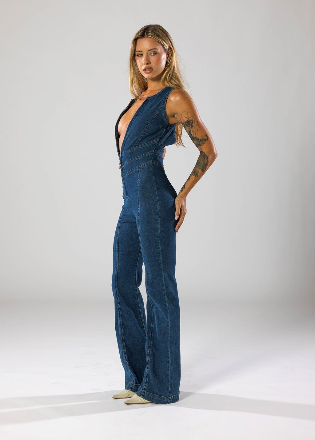Women's deep V-neck denim flare-leg jumpsuit