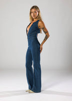 Women's deep V-neck denim flare-leg jumpsuit