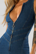 Women's deep V-neck denim flare-leg jumpsuit
