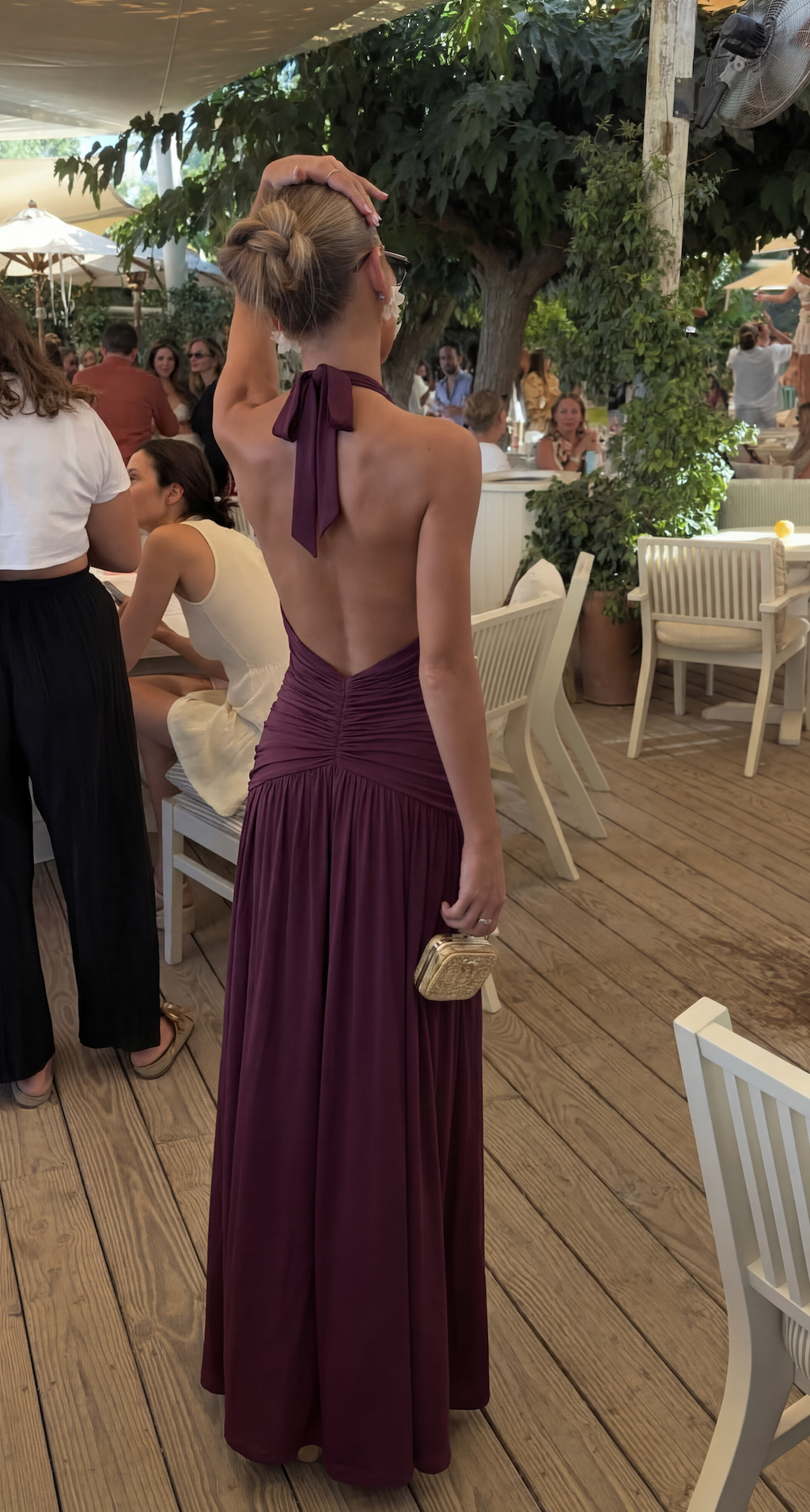 Women's deep V-neck ruched maxi evening dress with thigh slit