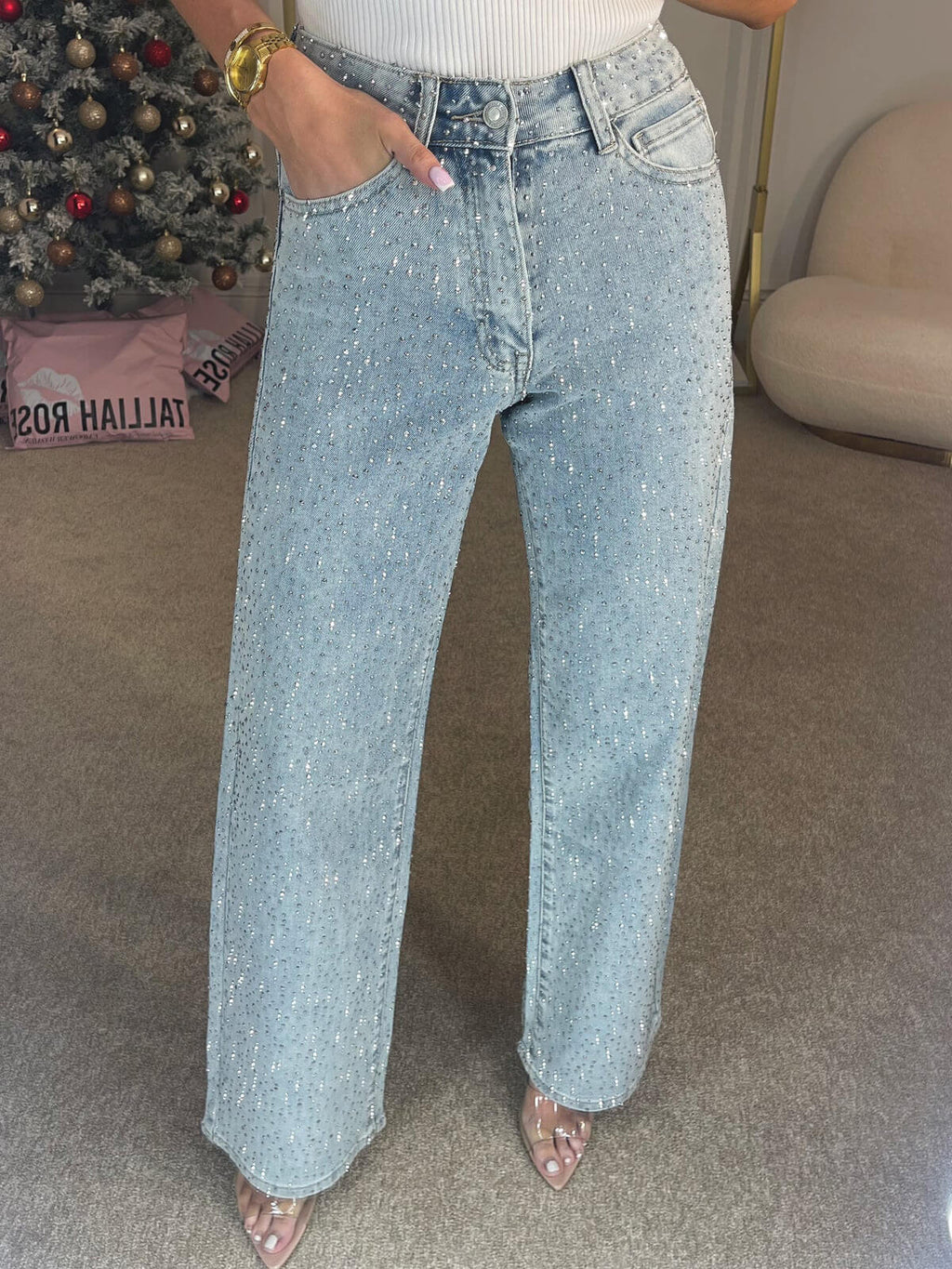 Women's diamanté embellished high-waist jeans