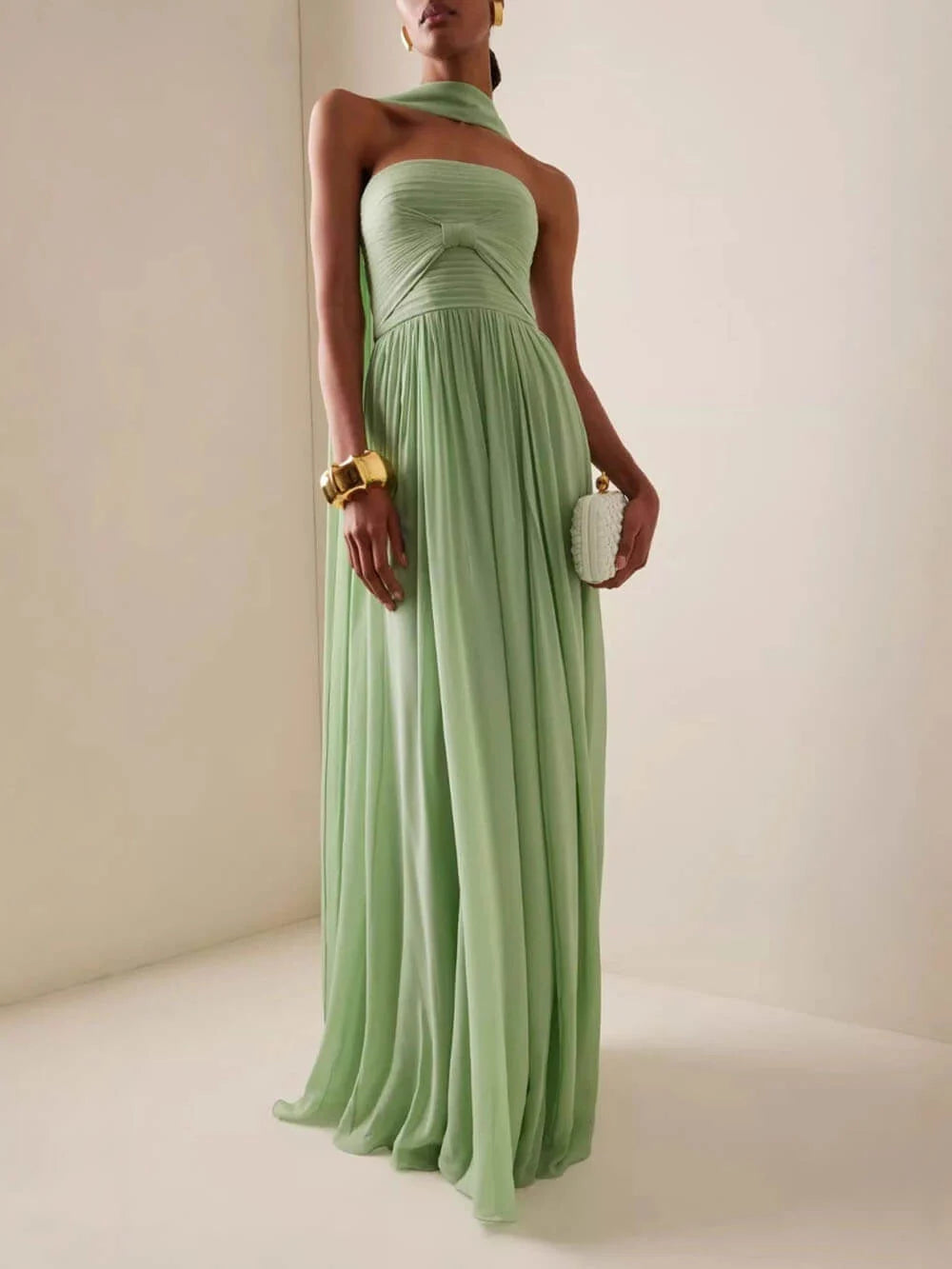 Women's draped cape-back strapless maxi wedding guest dress