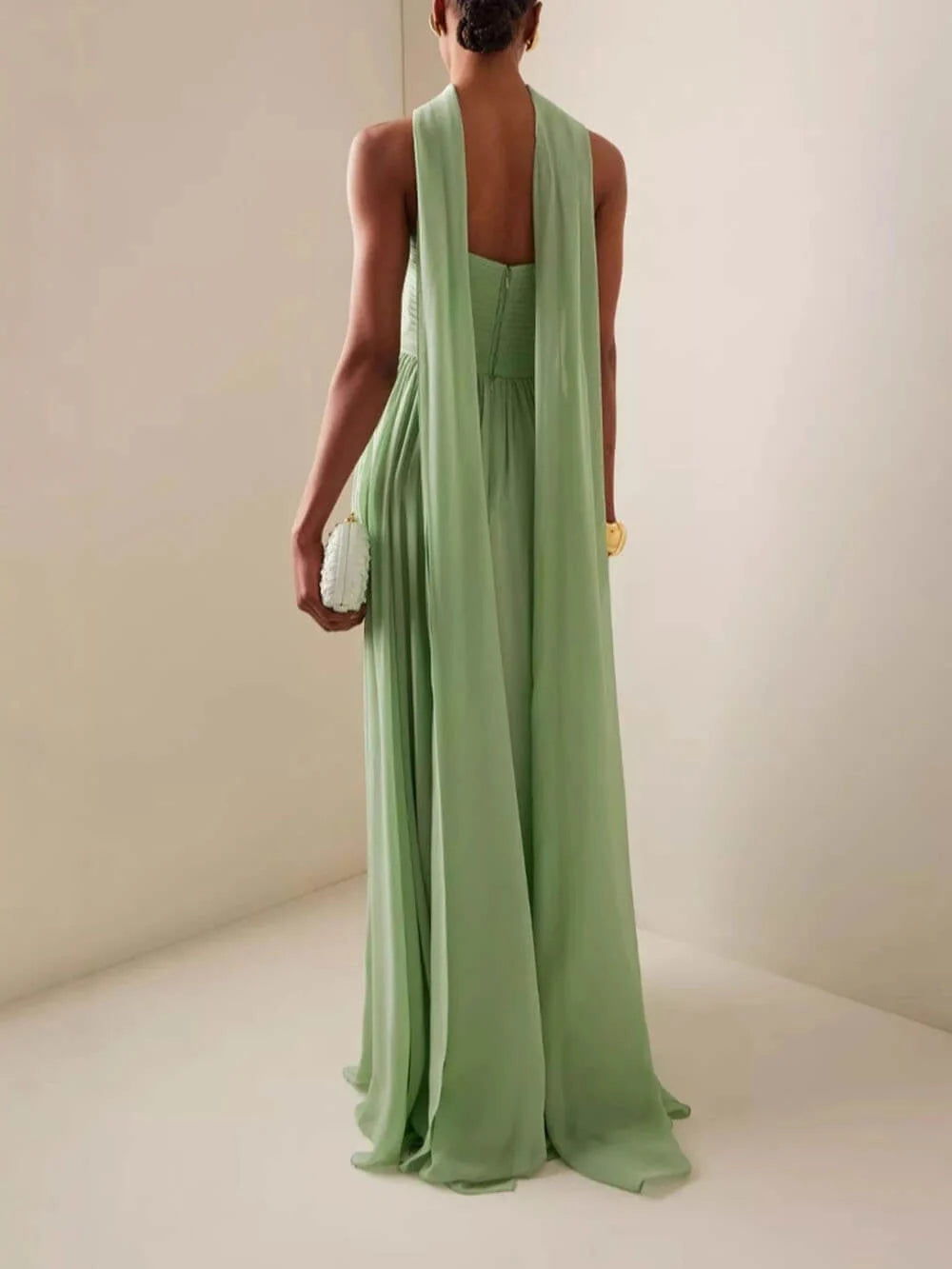 Women's draped cape-back strapless maxi wedding guest dress