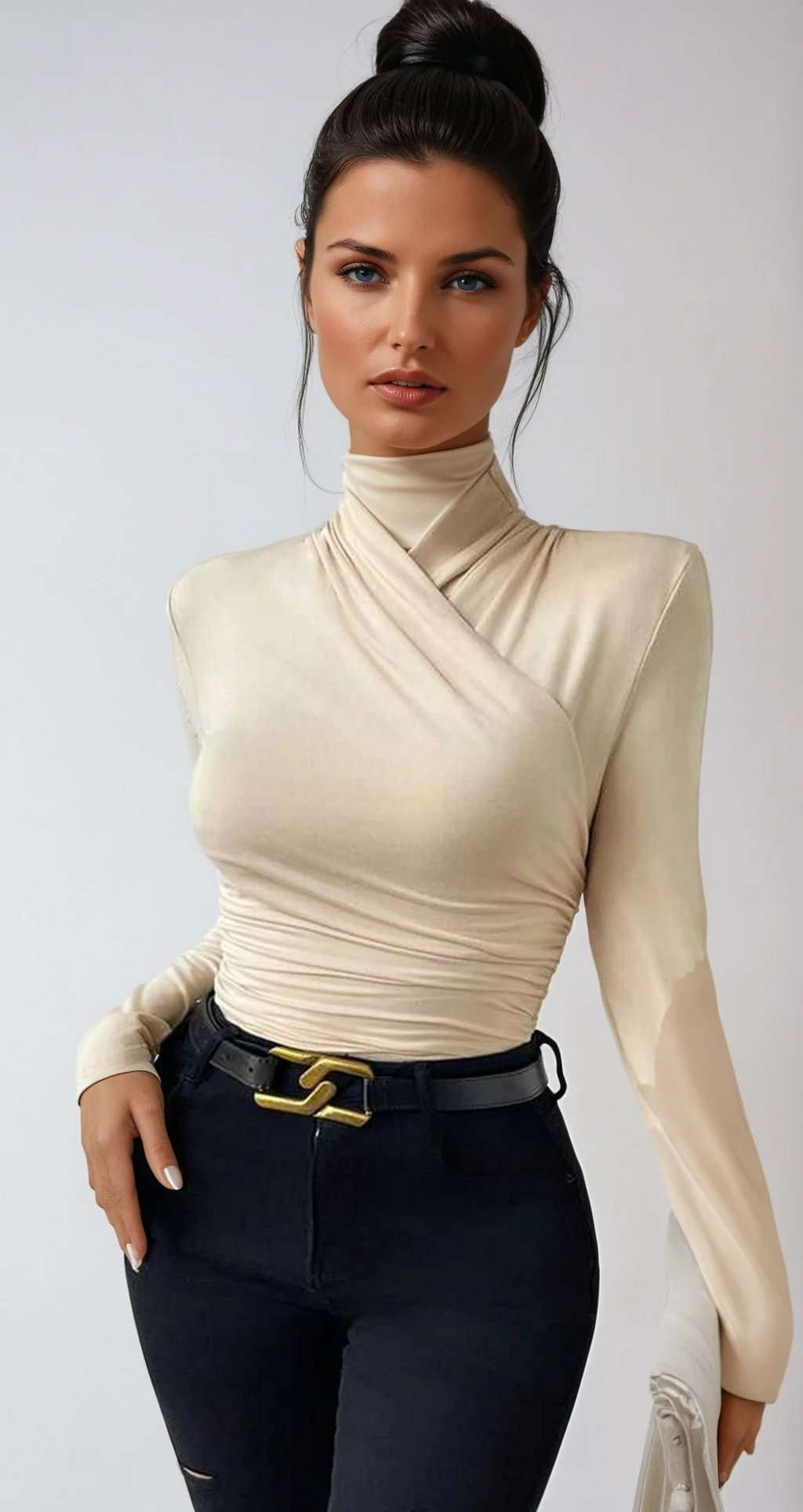 Women's draped crossover long sleeve evening top