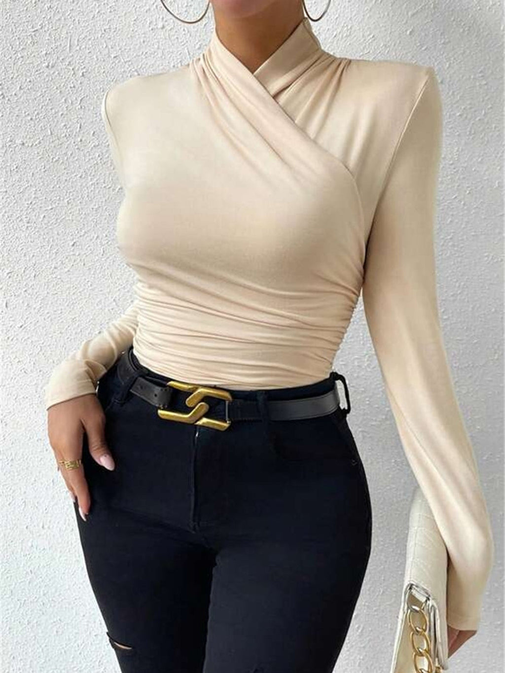 Women's draped crossover long sleeve evening top