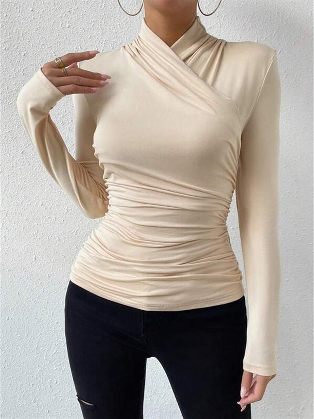 Women's draped crossover long sleeve evening top