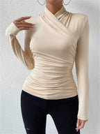 Women's draped crossover long sleeve evening top