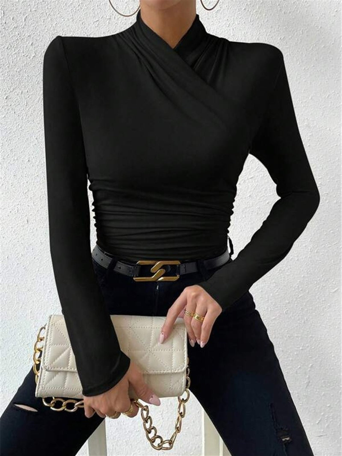 Women's draped crossover long sleeve evening top