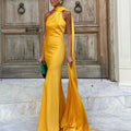 Women's draped high-neck maxi formal dress with cape scarf