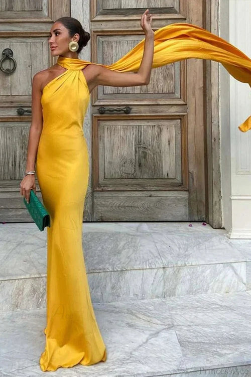 Women's draped high-neck maxi formal dress with cape scarf