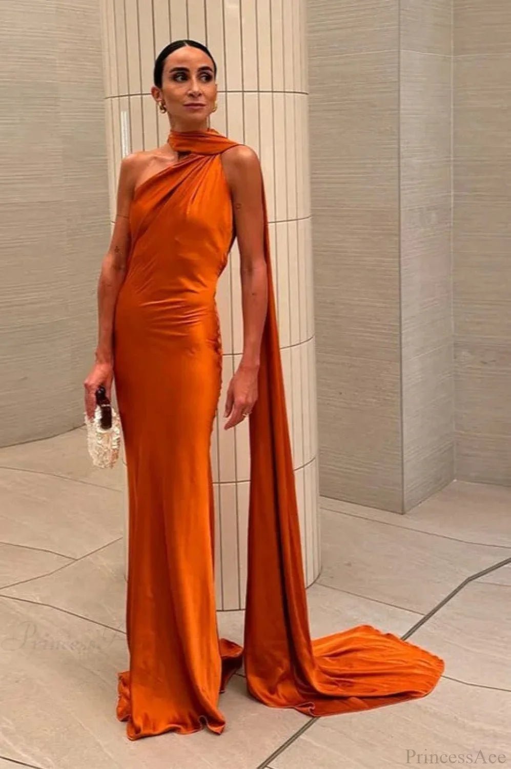 Women's draped high-neck maxi formal dress with cape scarf