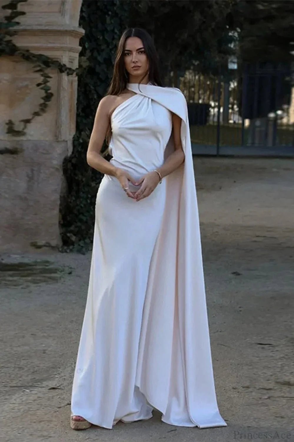 Women's draped high-neck maxi formal dress with cape scarf
