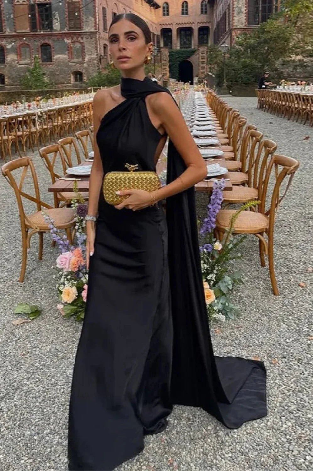 Women's draped high-neck maxi formal dress with cape scarf