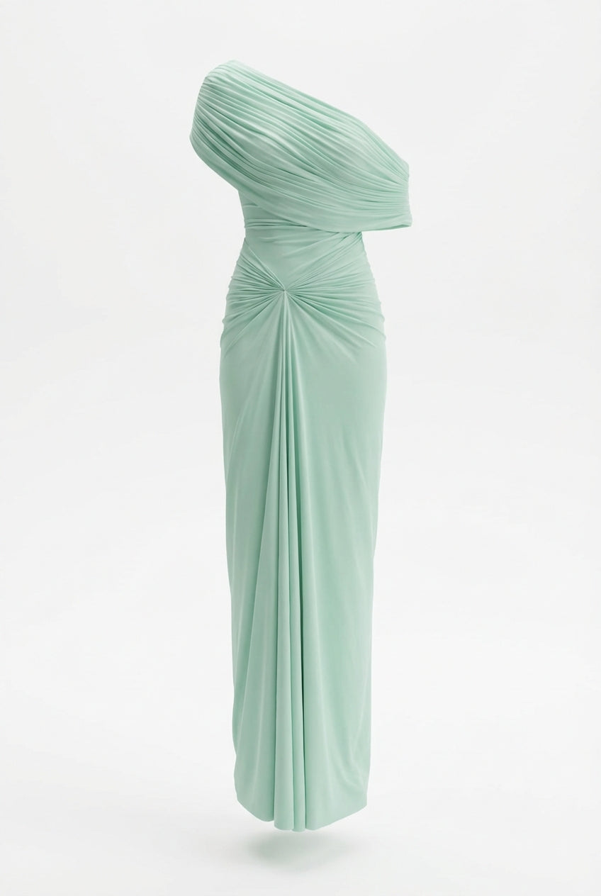 Women's draped one-shoulder maxi wedding guest dress