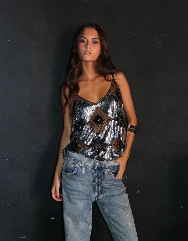 Women's embellished sequin glitter sleeveless party top