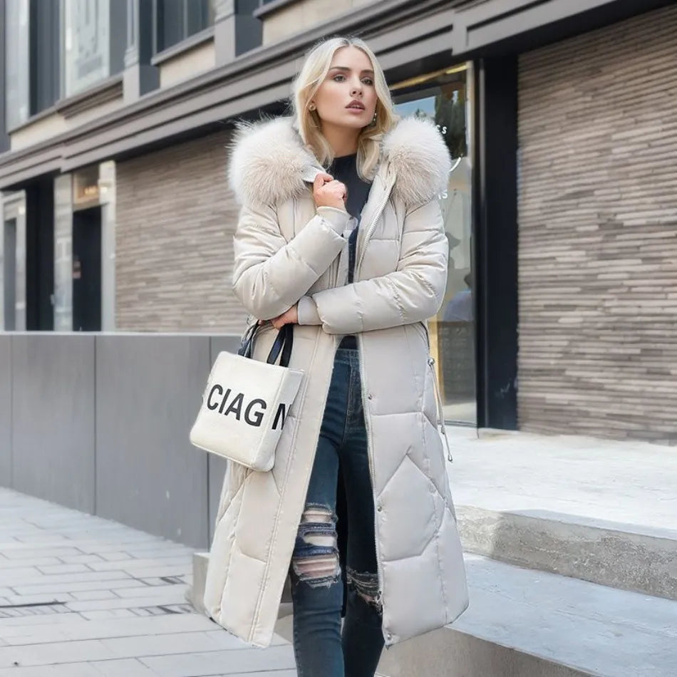 Women's extended-length winter coat with long hem
