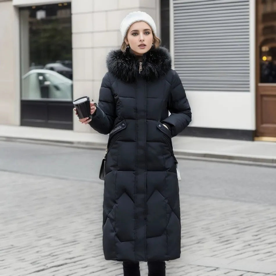 Women's extended-length winter coat with long hem