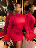 Women's feather cuff long sleeve mini party dress
