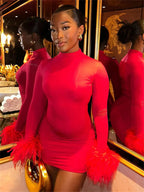 Women's feather cuff long sleeve mini party dress