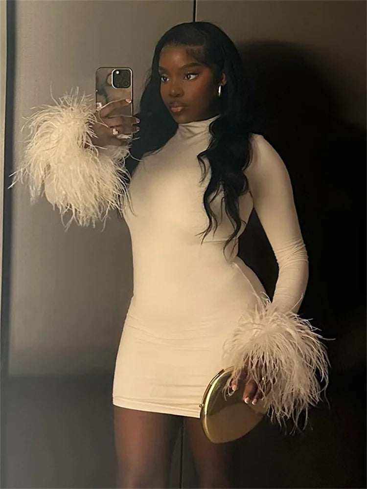 Women's feather cuff long sleeve mini party dress