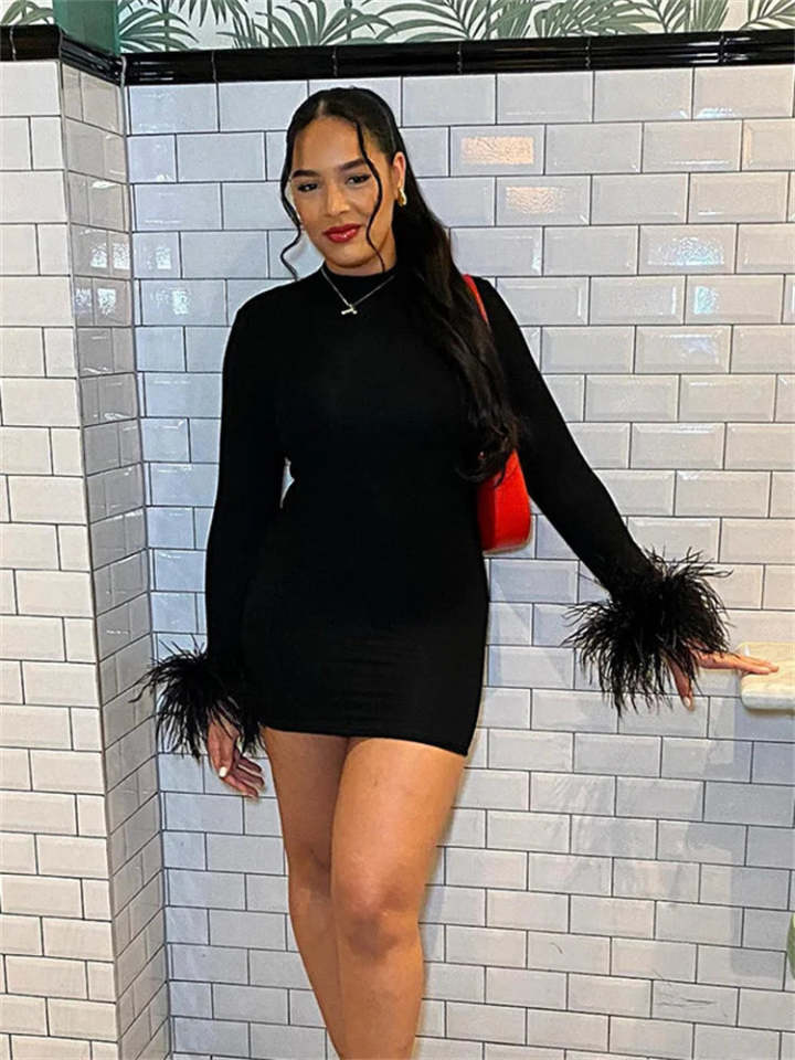 Women's feather cuff long sleeve mini party dress